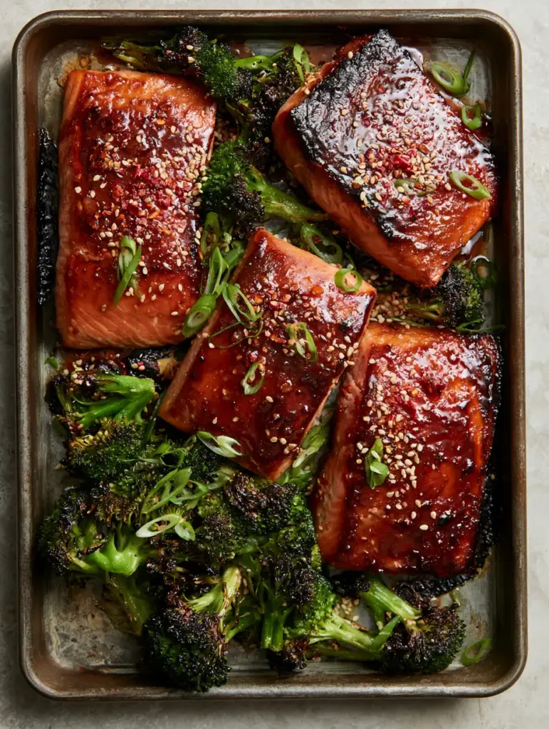 Maple Glazed Baked Salmon: The Ultimate 20-Minute Sheet Pan Dinner 1 A handheld smartphone photo looking down at Maple Glazed Baked Salmon and crispy charred broccoli florets on a rustic baking sheet.