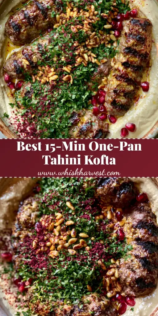 Tahini Kofta: The Ultimate Creamy Middle Eastern Beef Bake 4 A close-up of tahini kofta logs in a ceramic dish with creamy sauce, pine nuts, and pomegranate seeds.