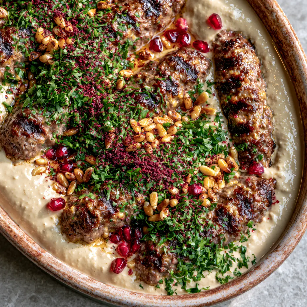 Tahini Kofta: The Ultimate Creamy Middle Eastern Beef Bake 2 Top-down view of tahini kofta in a rustic ceramic dish with vibrant garnishes.