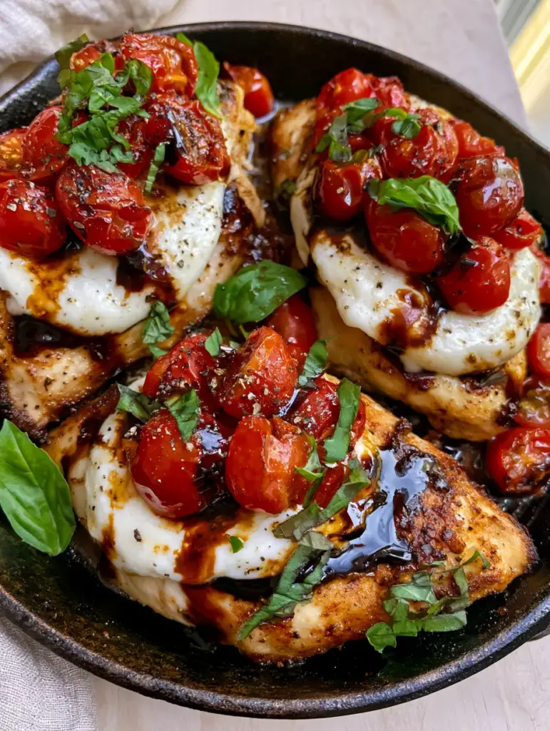 Balsamic Chicken with Melted Mozzarella and Blistered Tomatoes 1 Balsamic chicken featuring melted mozzarella cheese and bursting cherry tomatoes in a black skillet.