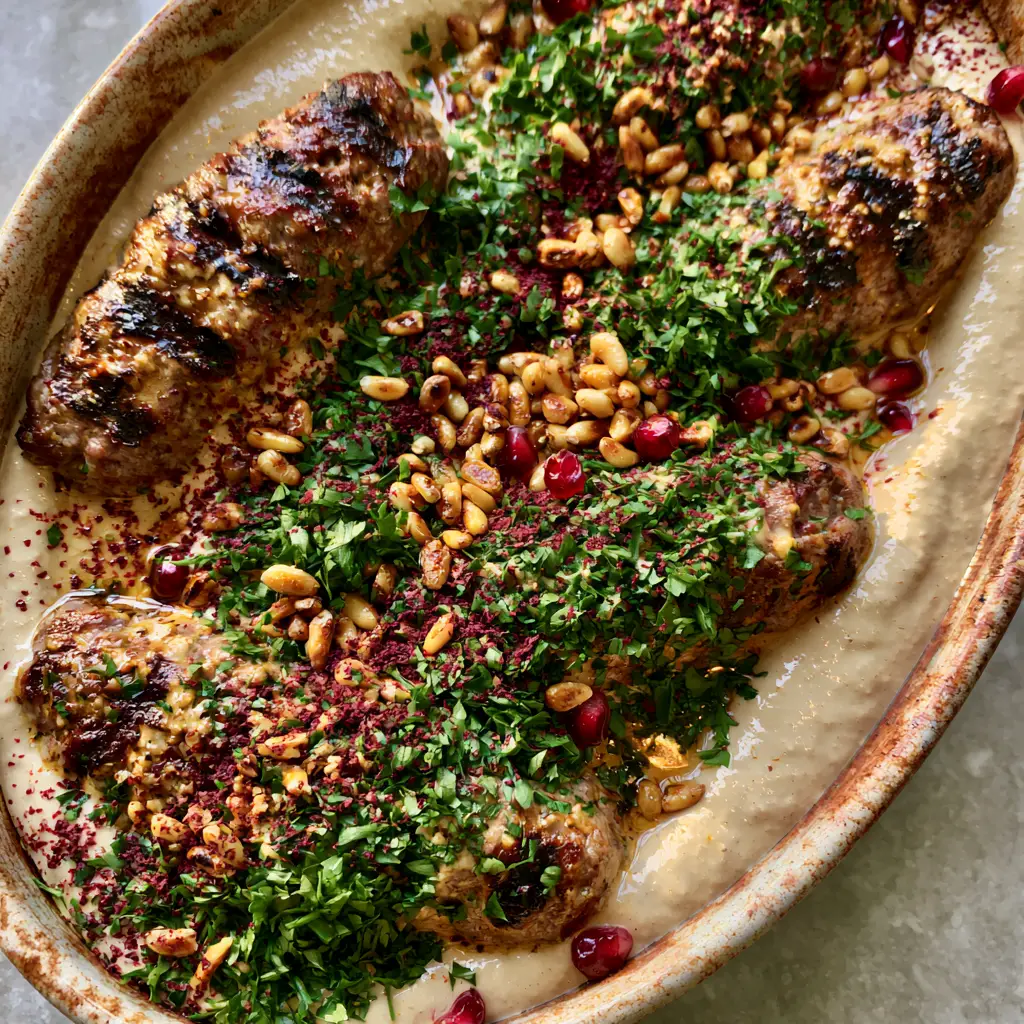 Tahini Kofta: The Ultimate Creamy Middle Eastern Beef Bake 1 A smartphone food blogger style photo of seared tahini kofta garnished with sumac and pine nuts.
