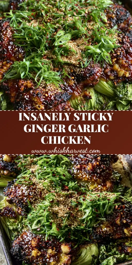 Ginger Garlic Chicken Thigh Bake: Crispy, Sticky Sheet Pan Perfection 4 A close-up shot of roasted skin-on chicken thighs with a bubbling mahogany ginger garlic glaze, garnished with scallions and sesame seeds. (Ginger Garlic Chicken Thigh Bake)