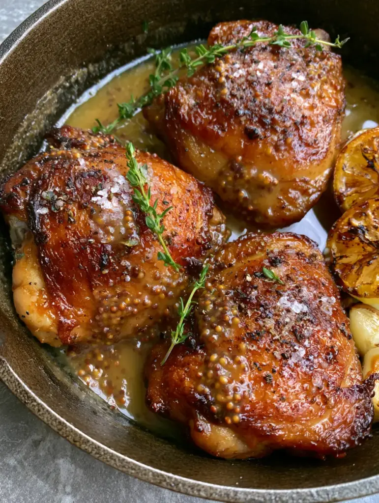 Bobby Flay Chicken Thighs with Smoky Honey Mustard Glaze and Charred Lemon 2 Macro shot of Bobby Flay Chicken Thighs with visible mustard seeds and crackling mahogany skin in a cast iron pan.