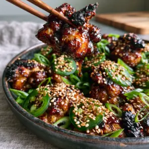 Bite-sized charred chicken thighs coated in a dark amber sauce with sesame seeds and green jalapeños. (Asian Jalapeno Chicken)