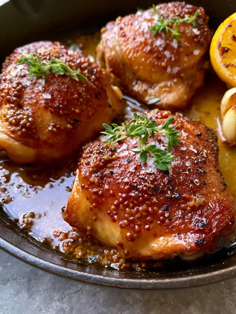 Bobby Flay Chicken Thighs with Smoky Honey Mustard Glaze and Charred Lemon 1 Sizzling Bobby Flay Chicken Thighs in a cast iron skillet with roasted garlic and charred lemons on a stone background.