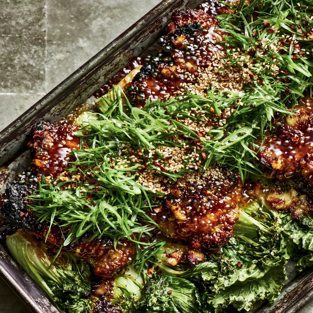 Ginger Garlic Chicken Thigh Bake: Crispy, Sticky Sheet Pan Perfection 2 Top-down photo of roasted chicken thighs and bok choy on a dark metal pan with glistening mahogany glaze. (Ginger Garlic Chicken Thigh Bake)