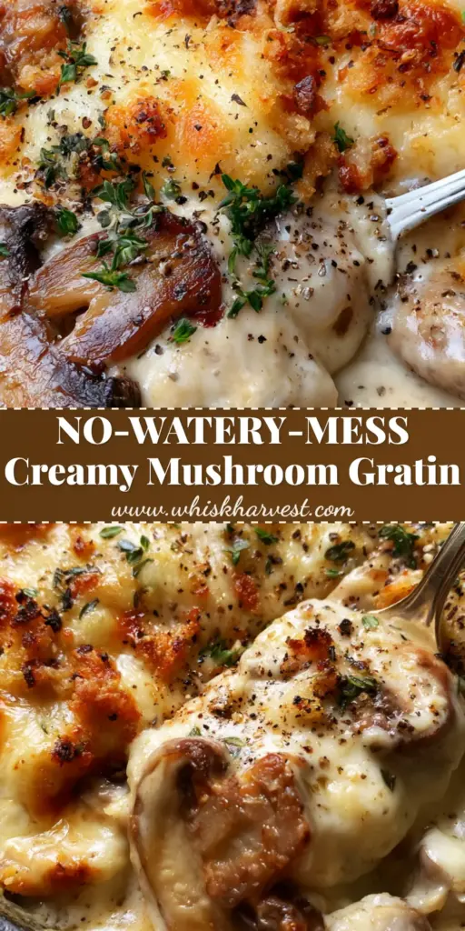 Creamy Mushroom Gratin with Garlic and Bubbly Gruyère 4 A bubbling creamy mushroom gratin in a dark grey ceramic dish with a golden Gruyère crust and fresh thyme. (creamy mushroom gratin)