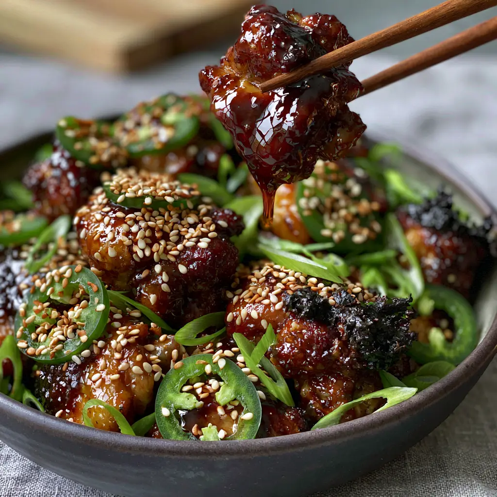 Asian Jalapeno Chicken with a Sticky Honey Soy Glaze 1 Wooden chopsticks lifting a piece of glistening Asian Jalapeno Chicken from a dark ceramic bowl.