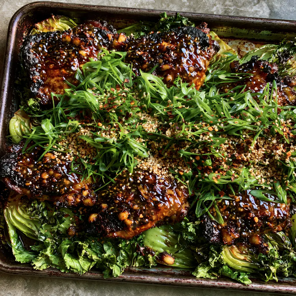 Ginger Garlic Chicken Thigh Bake: Crispy, Sticky Sheet Pan Perfection 1 Detailed view of caramelized garlic bits and reflective glaze on skin-on chicken thighs. (Ginger Garlic Chicken Thigh Bake)