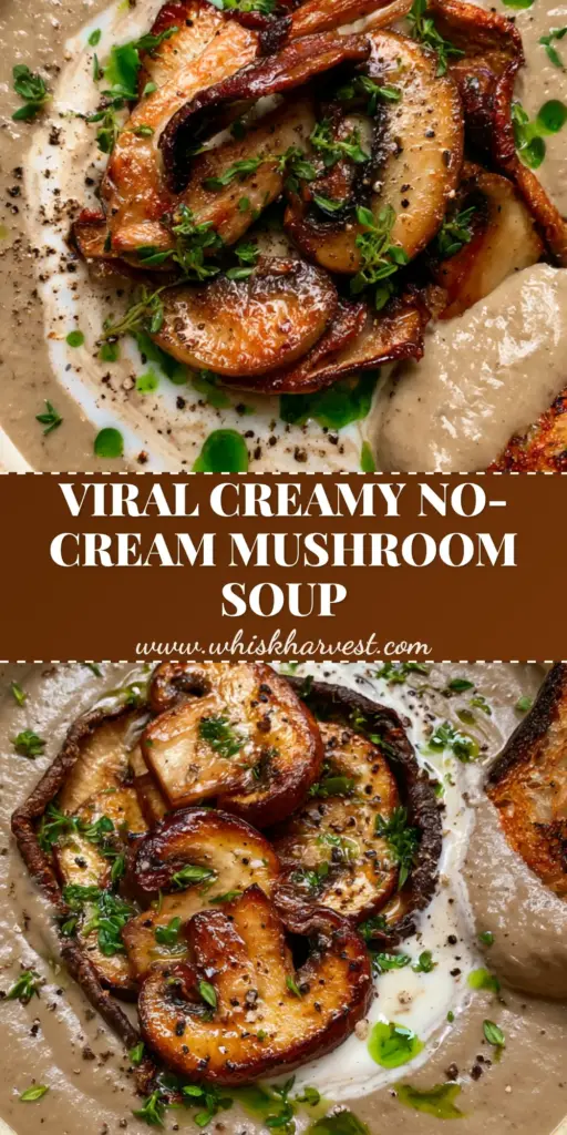 A rustic bowl of thick, velvety mushroom soup with seared cremini, crispy shiitakes, and a coconut cream swirl. (January mushroom recipes)