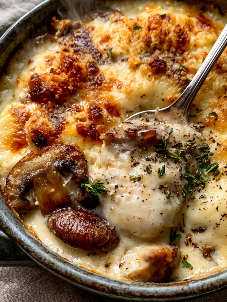 Creamy Mushroom Gratin with Garlic and Bubbly Gruyère 3 Extreme close-up of a spoon lifting a portion of creamy mushroom gratin, showing the thick, velvety garlic cream sauce. (creamy mushroom gratin)