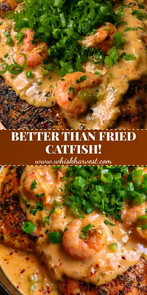 Catfish Opelousas: The Ultimate Cast Iron Cajun Smothered Delicacy 4 Top-down view of Catfish Opelousas in a black cast iron skillet with charred lemon and crawfish cream sauce.