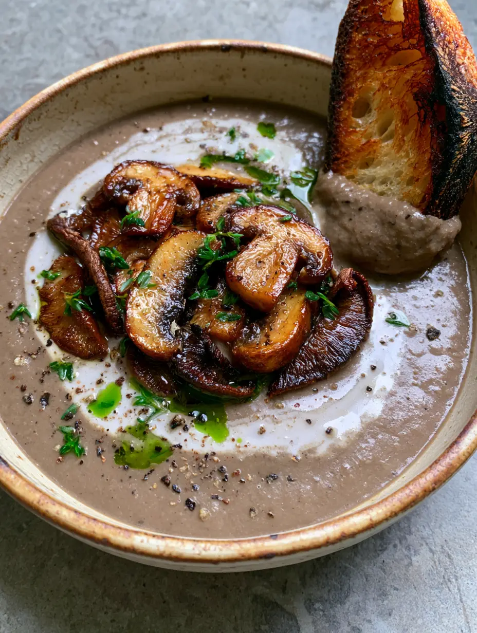 Overhead view of a ceramic bowl containing creamy taupe mushroom soup garnished with green herb oil and fresh thyme. (January mushroom recipes)