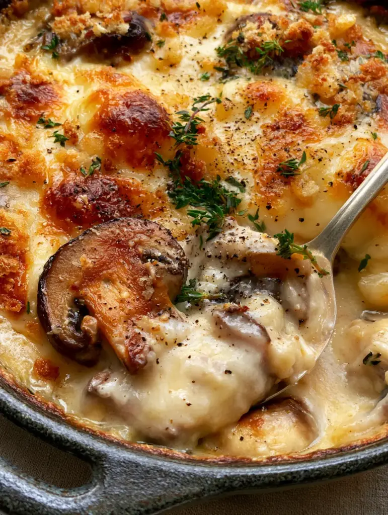 Creamy Mushroom Gratin with Garlic and Bubbly Gruyère 1 Melted Gruyère and Parmesan cheese bubbling over sliced cremini mushrooms in a ceramic dish. (creamy mushroom gratin)