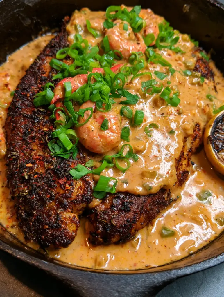 Catfish Opelousas: The Ultimate Cast Iron Cajun Smothered Delicacy 2 Macro shot of blackened catfish fillet with dark charred spice rub and glossy crawfish cream sauce. (Catfish Opelousas)