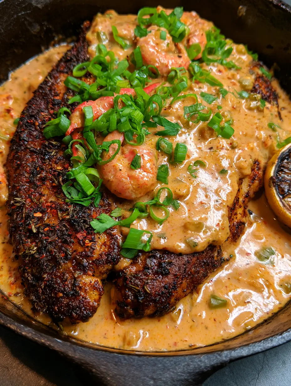 Catfish Opelousas: The Ultimate Cast Iron Cajun Smothered Delicacy 3 Macro shot of blackened catfish fillet with dark charred spice rub and glossy crawfish cream sauce. (Catfish Opelousas)
