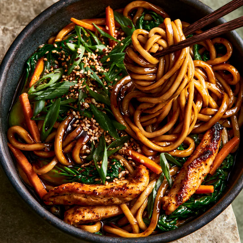Asian Dinner Recipes: The Ultimate Glossy Soy-Ginger Chicken Lo Mein 2 A top-down macro shot of thick lo mein noodles in a dark charcoal bowl with golden chicken and scallions (Asian Dinner Recipes).