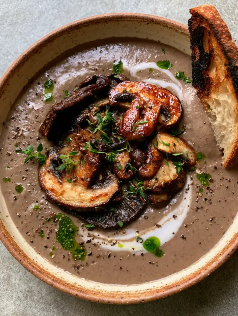 A piece of charred sourdough bread being dipped into a velvety mushroom soup with glistening mushrooms on top.