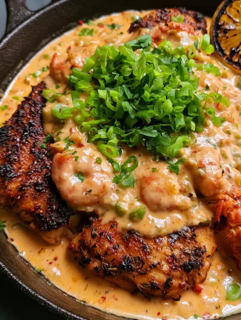 Catfish Opelousas: The Ultimate Cast Iron Cajun Smothered Delicacy 1 Extreme close-up of pink crawfish tails in a thick pale-orange cream sauce over blackened fish. (Catfish Opelousas)