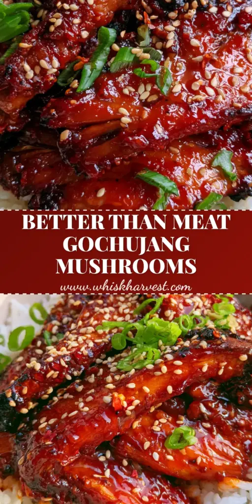 A close-up vertical shot of Gochujang Mushrooms with charred edges over white jasmine rice, garnished with scallions and sesame seeds.