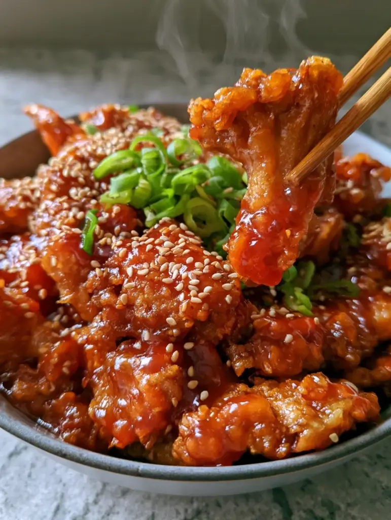 Close up photo of craggy oyster mushrooms being held by wooden chopsticks with steam rising. (sweet and sour mushroom recipe)
