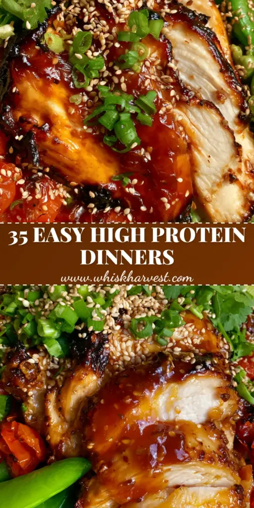 High Protein Dinners: Honey Garlic Chicken Skillet with Lime Cilantro Rice 4 An overhead shot of honey-garlic chicken with lime cilantro rice, blistered tomatoes, and charred snap peas. (high protein dinners)