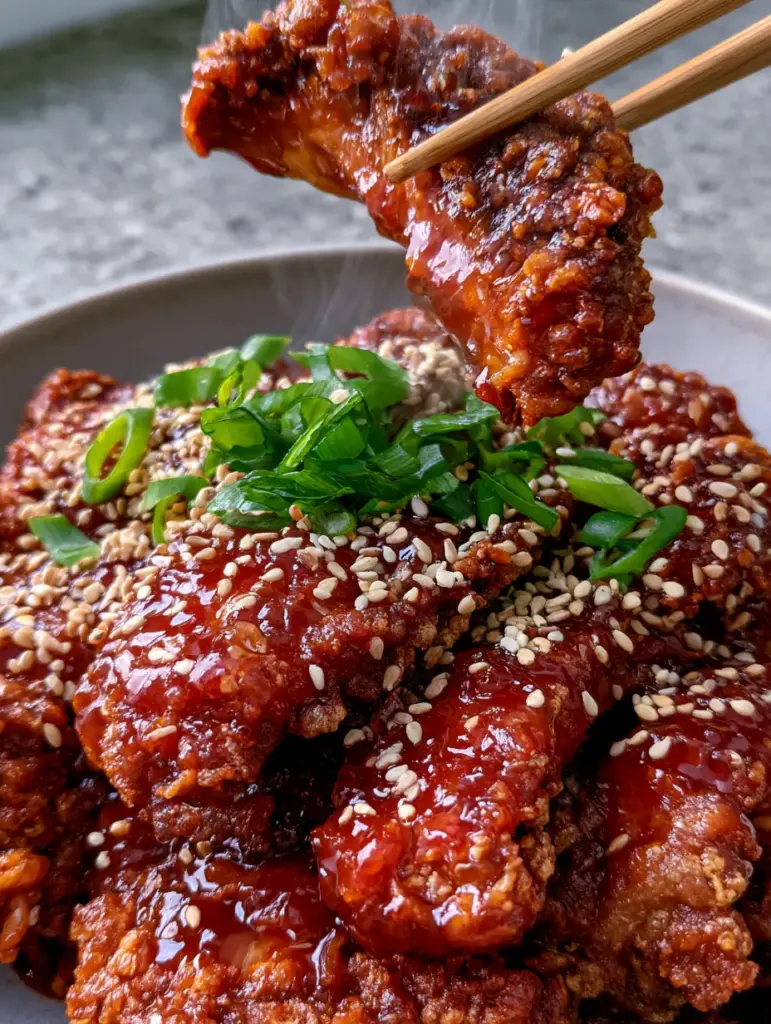 Sweet and Sour Mushroom Recipe: The Ultimate Double-Fried Crispy Oyster Mushrooms 1 Overhead view of glossy ruby-red sweet and sour mushrooms in a bowl with sesame seeds and scallions.