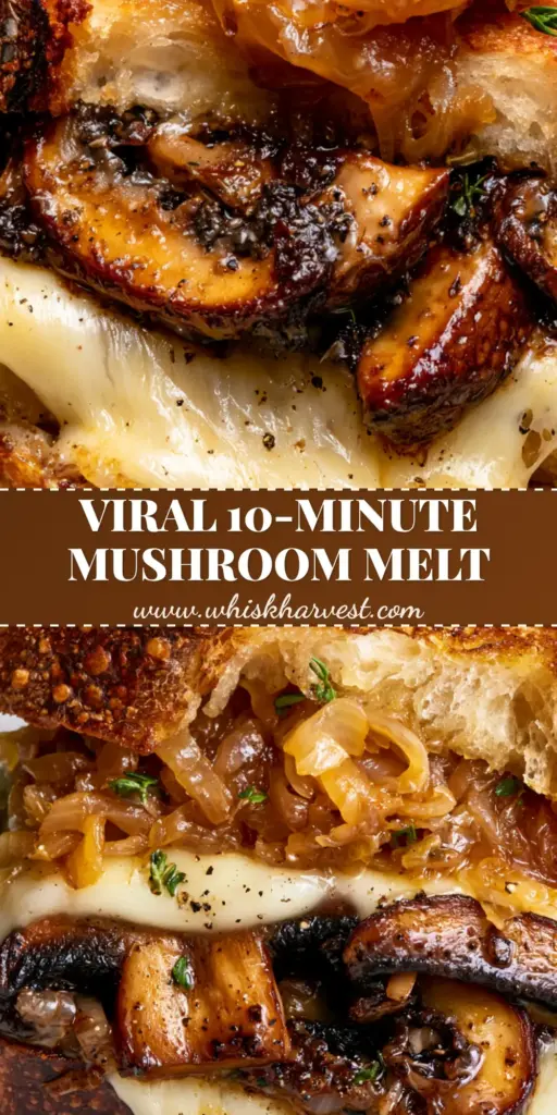 Mushroom Melt with Swiss Cheese, Balsamic Glaze, and Caramelized Onions 4 A gourmet mushroom melt sandwich pulled apart showing a thick Swiss cheese pull and charred cremini mushrooms on sourdough.