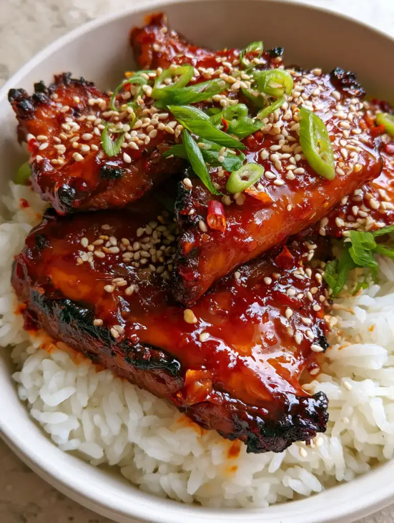A handheld smartphone photo of glossy Gochujang Mushrooms over individual grains of white jasmine rice.