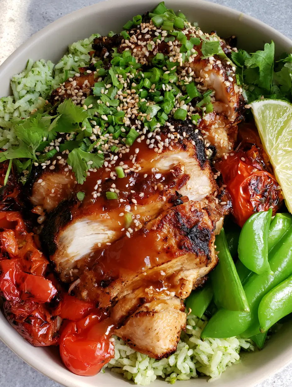 High Protein Dinners: Honey Garlic Chicken Skillet with Lime Cilantro Rice 3 Close-up of seared honey garlic chicken with a glossy amber glaze. (high protein dinners)