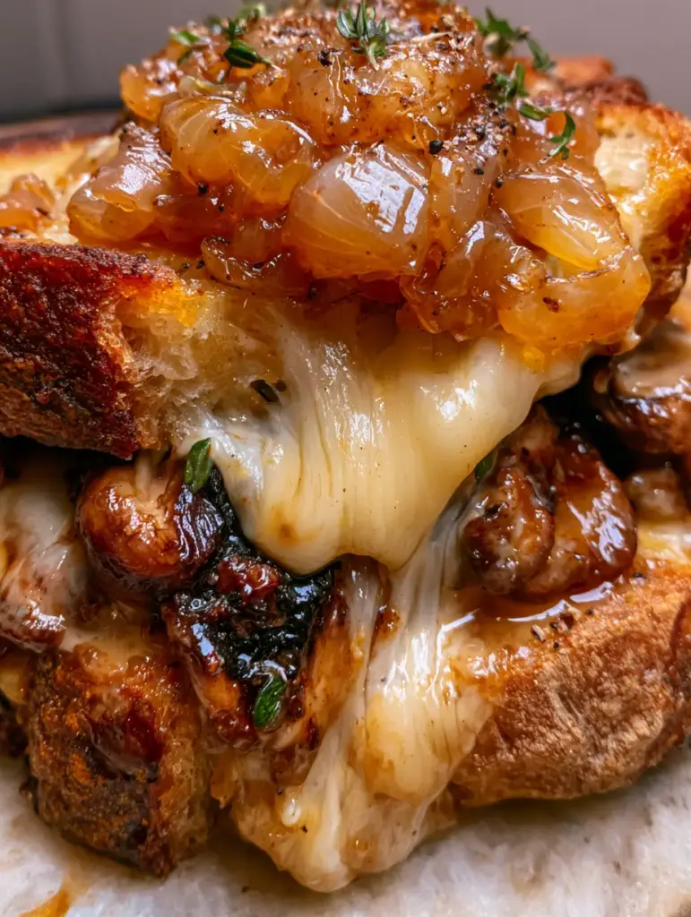 Extreme close-up of a mushroom melt being pulled apart with stringy cheese and glossy mushrooms.