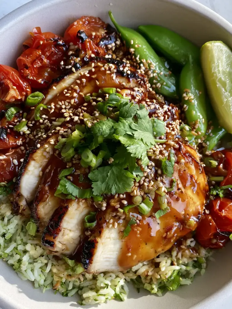 High Protein Dinners: Honey Garlic Chicken Skillet with Lime Cilantro Rice 1 Charred snap peas and blistered tomatoes in a skillet with honey garlic sauce. (high protein dinners)