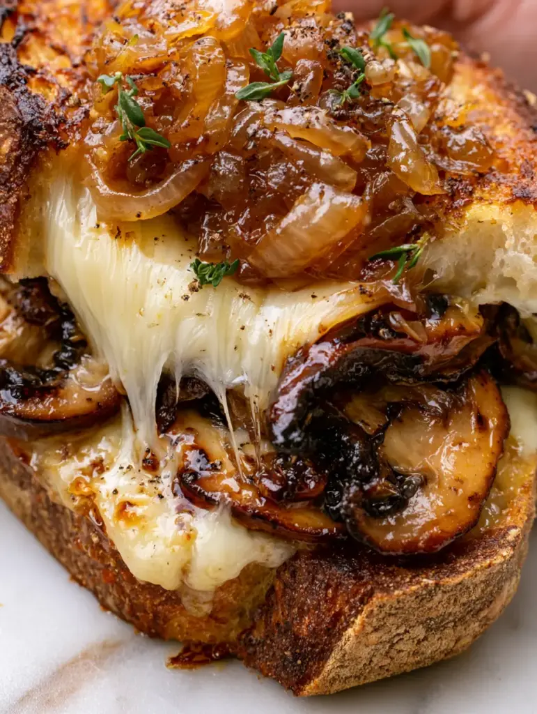 Mushroom Melt with Swiss Cheese, Balsamic Glaze, and Caramelized Onions 1 Close-up of buttered sourdough crust toasted to a deep golden-brown with caramelized onions inside a mushroom melt.