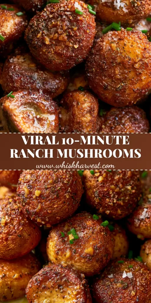 Ranch Mushrooms: The Ultimate Crispy Air-Fried Garlic Butter Side Dish 4 A close-up of crispy air-fried ranch mushrooms served on a dark plate with a silver fork, garnished with chives and sea salt. (ranch mushrooms)