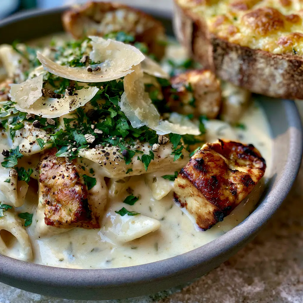 Home 8 Macro top-down view of Chicken Penne with golden-brown chicken chunks and thick ivory sauce. (Chicken Penne)