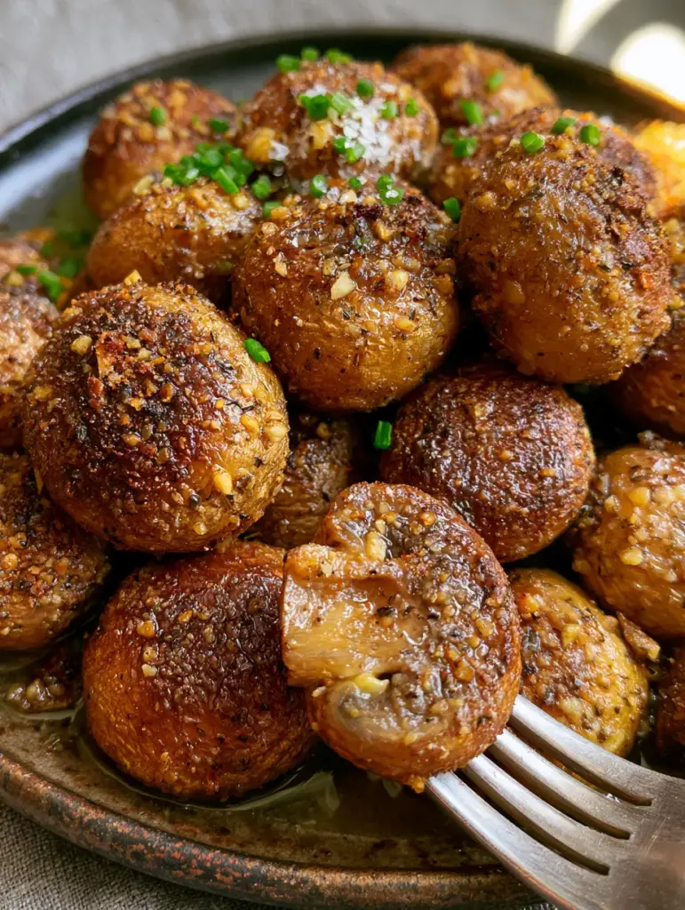 Extreme close-up of a silver fork holding a meaty, blistered mushroom encrusted with ranch seasoning granules. (ranch mushrooms)