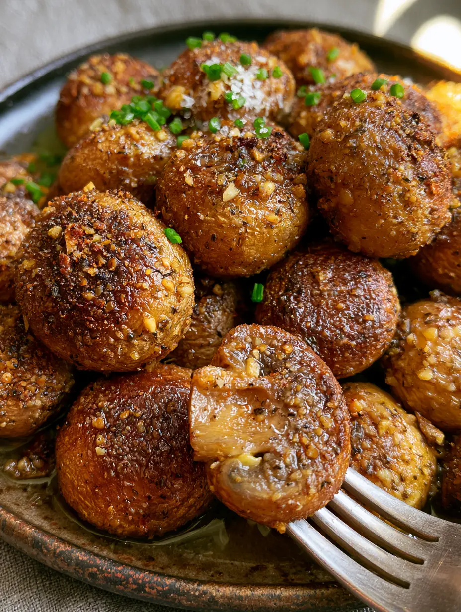 Ranch Mushrooms: The Ultimate Crispy Air-Fried Garlic Butter Side Dish 3 Extreme close-up of a silver fork holding a meaty, blistered mushroom encrusted with ranch seasoning granules. (ranch mushrooms)