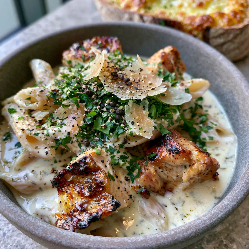 Chicken Penne with Garlic Parmesan Cream Sauce and Toasted Sourdough 1 Close up of penne pasta submerged in a thick parmesan cream sauce with visible herb flecks and cracked pepper.
