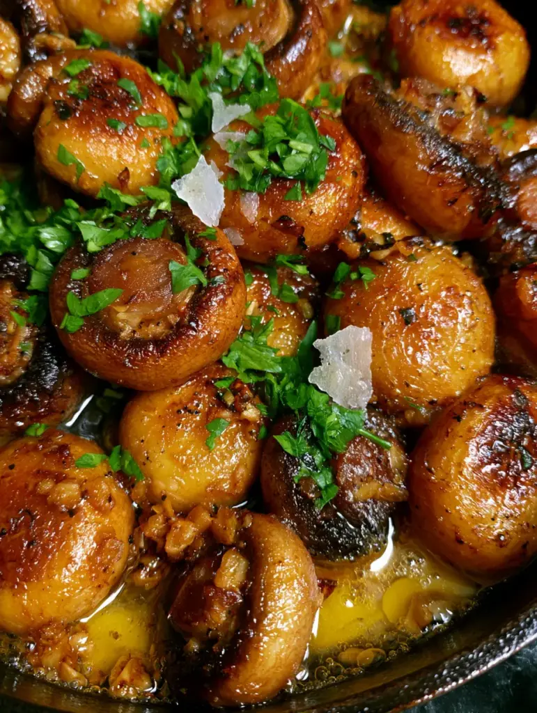 Extreme macro close-up of sautéed mushrooms showing charred edges and glistening butter.