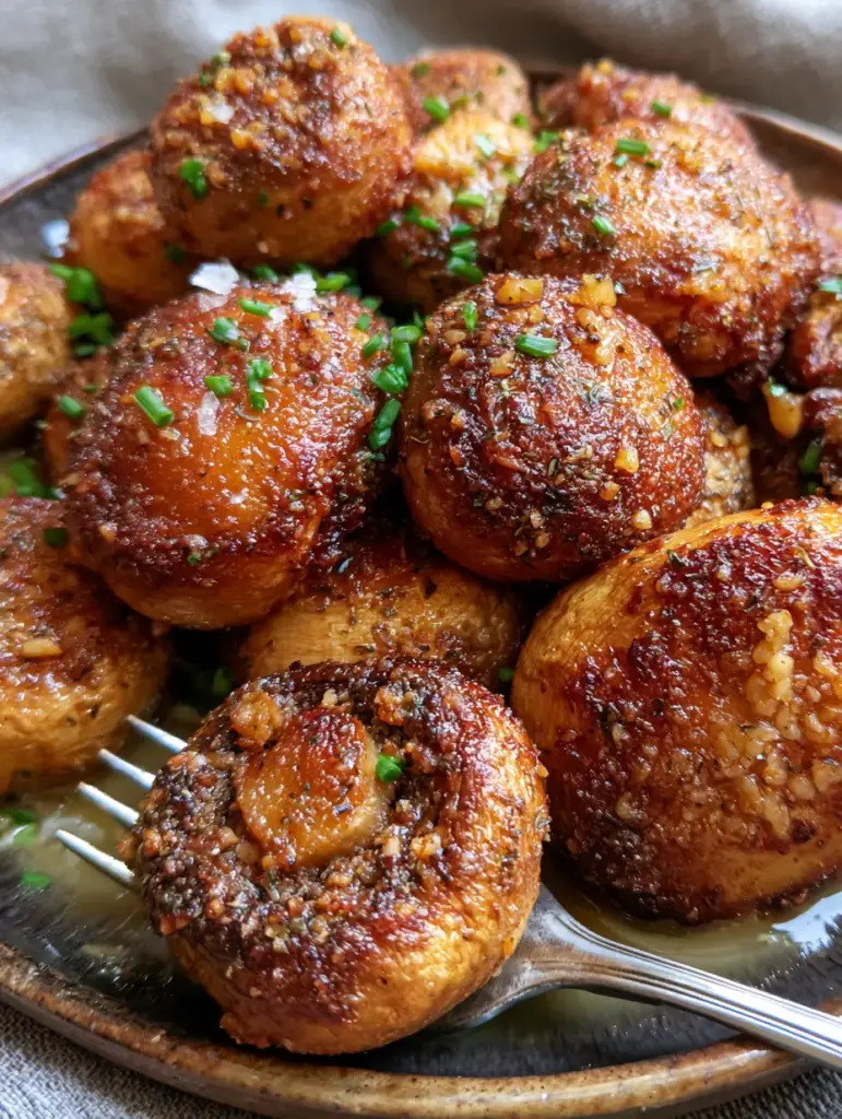 Ranch Mushrooms: The Ultimate Crispy Air-Fried Garlic Butter Side Dish 1 A heap of golden-brown baby bella ranch mushrooms on a rustic dark plate, glistening with melted butter and fresh chives. (ranch mushrooms)