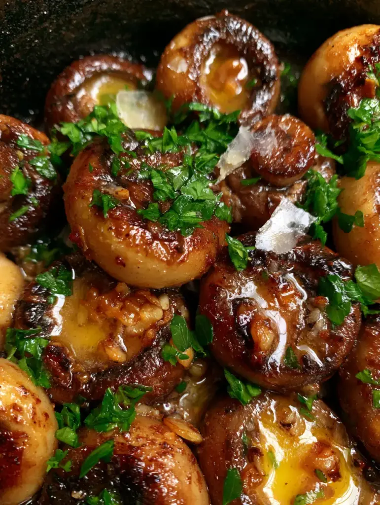 Sautéed Mushrooms: The Ultimate Deeply Caramelized Garlic Butter Recipe 1 Close-up of golden butter pooling around sautéed mushrooms and toasted garlic bits.