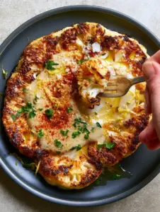 Macro top-down view of a thick-cut cauliflower steak with glistening olive oil and fresh parsley. (Cauliflower steak)