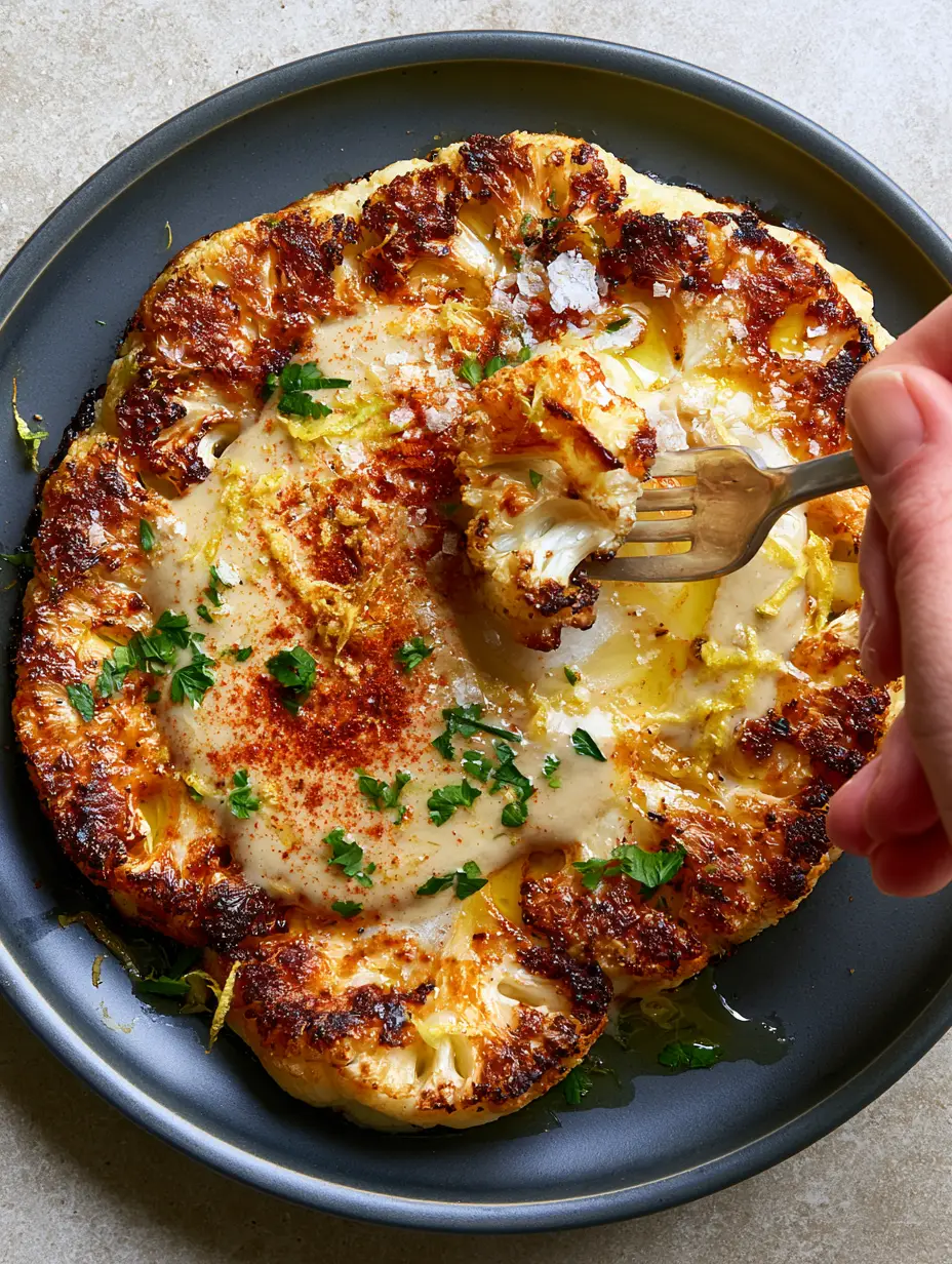 Cauliflower Steak with Lemon-Tahini Drizzle and Smoked Paprika 3 Macro top-down view of a thick-cut cauliflower steak with glistening olive oil and fresh parsley. (Cauliflower steak)