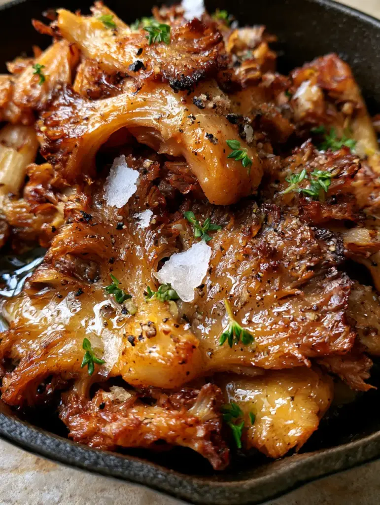 Extreme macro of roasted maitake mushrooms with shattered crispy edges and a glossy garlic butter glaze. (maitake mushroom recipes)